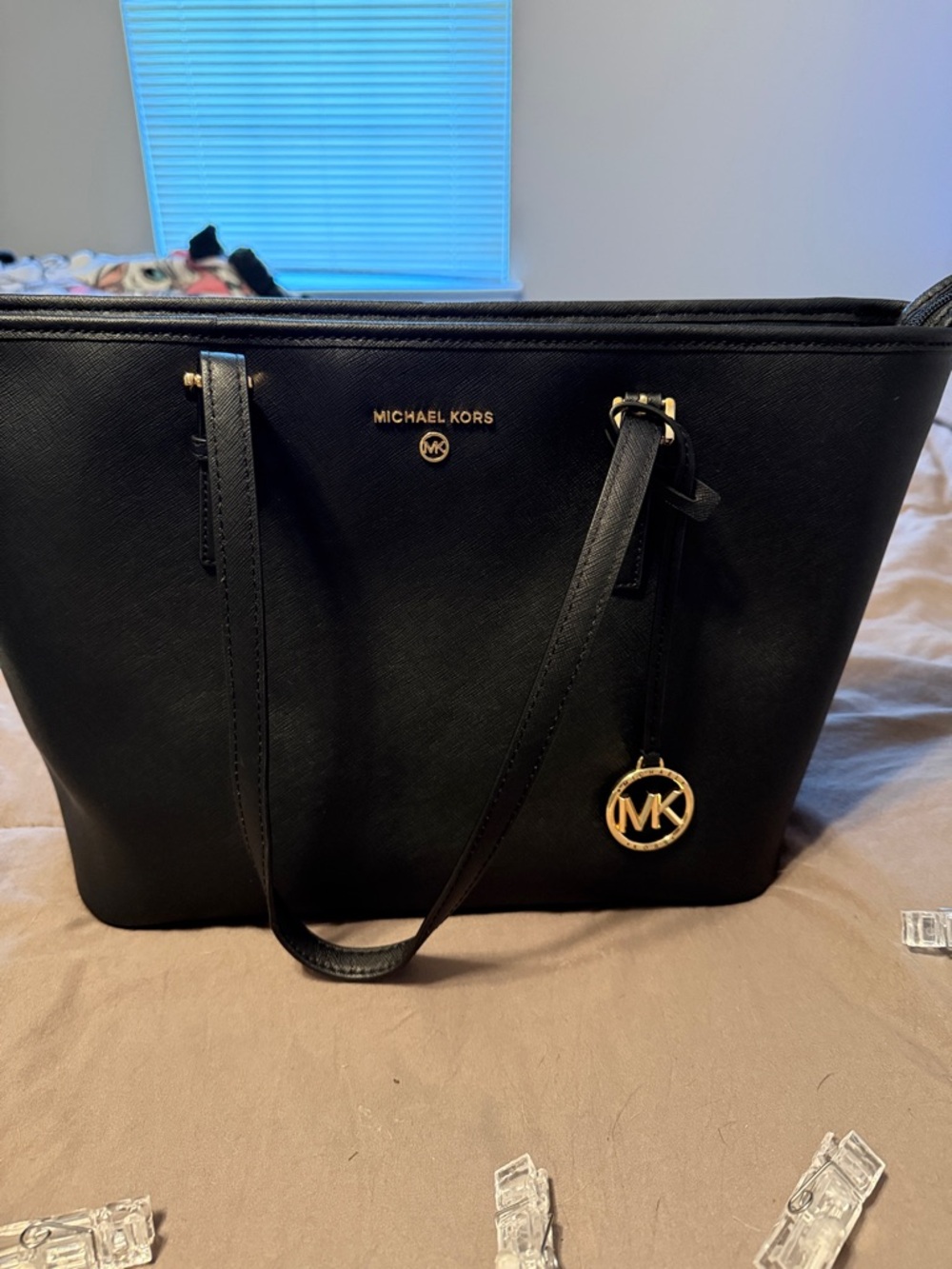 Michael Kors Black Saffiano Leather Tote with Gold MK Charm